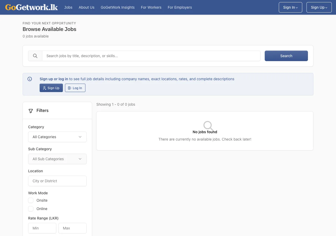 GoGetWork’s public job search with category, location, work mode and rate filters, showing the empty state at the time of capture
