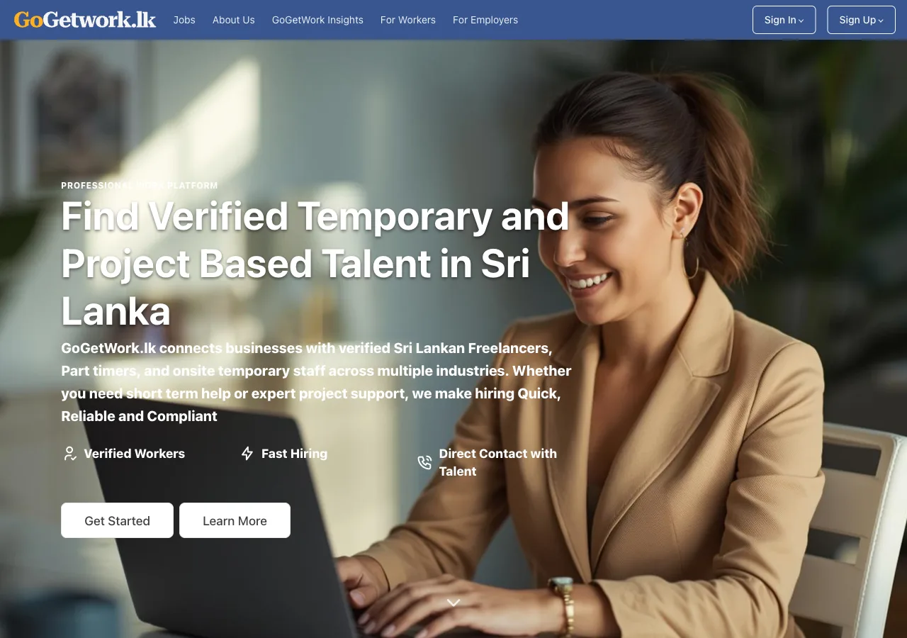 GoGetWork’s live homepage, introducing temporary and project-based hiring in Sri Lanka, with separate worker and employer journeys