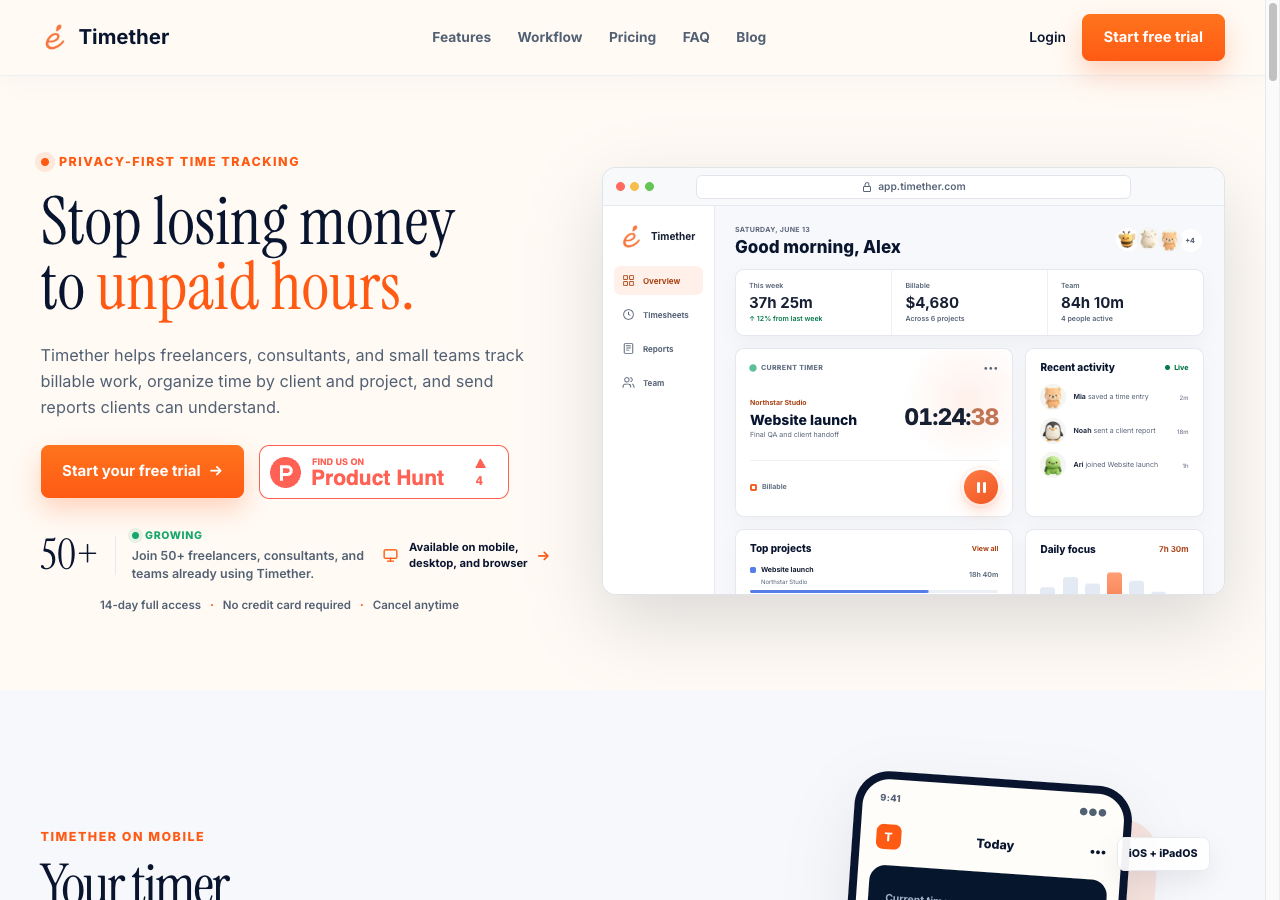 Timether official product website with its demonstration interface